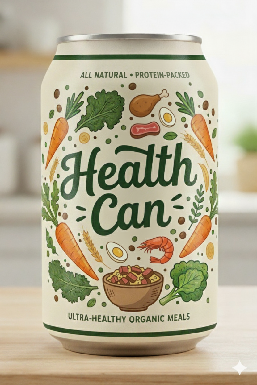 A close-up of a Health Can showing its clean label design
